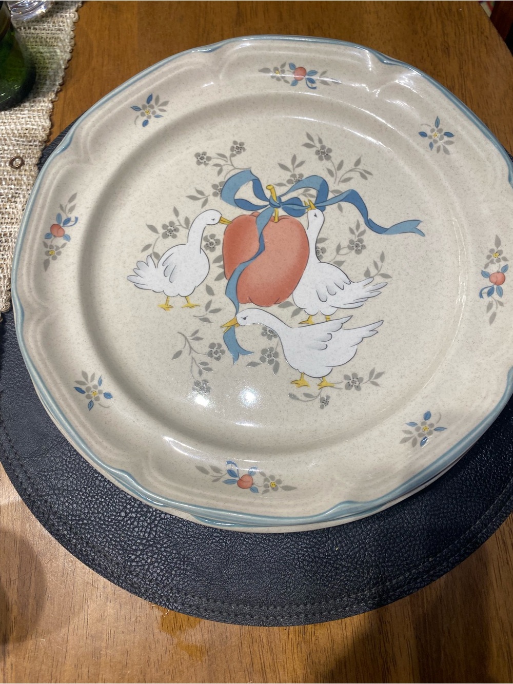 White Ceramic Serving Plate with Blue Ribbon & Peach Goose Design